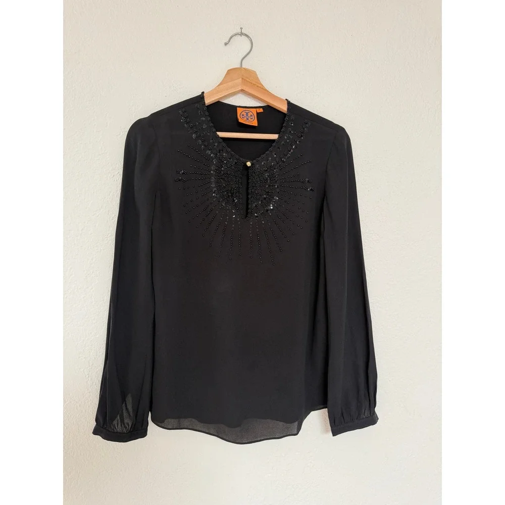 TORY BURCH Black Silk Beaded Sequin Long Sleeve Blouse Glam Regency Size 4